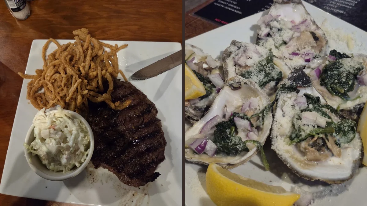 Plates of seafood and steak served in a busy eatery.